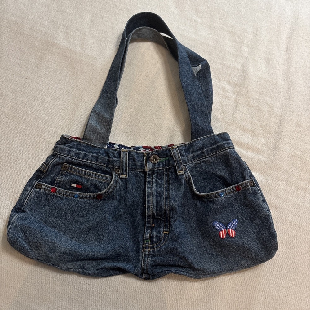 Vintage Tommy Hilfiger Upcycled Denim Jean Handbag Tote Purse Nautical 90's USA‎